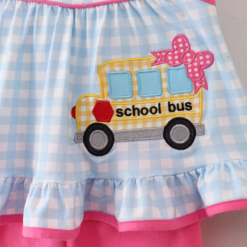 Back To School BusApplique Plaid Short Set