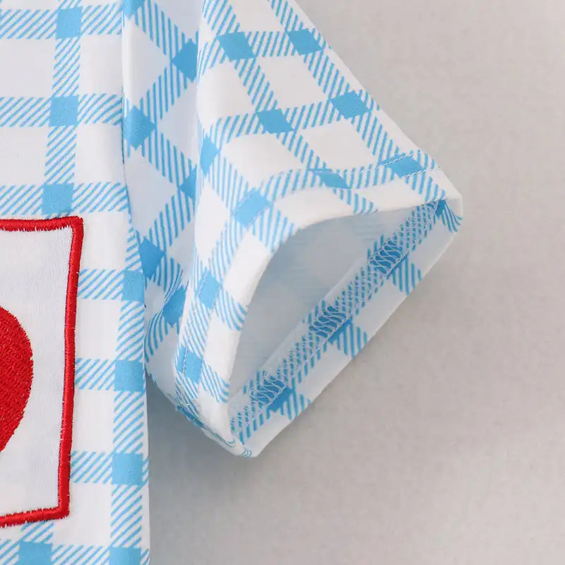 Back To School Boys Blue White Plaid Apple Button Up