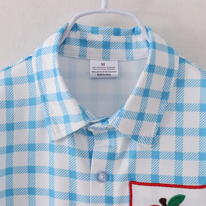 Back To School Boys Blue White Plaid Apple Button Up