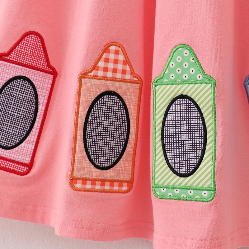 Back To School Coral Crayon Embroidery Cotton Dress