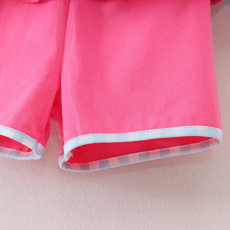 Back To School BusApplique Plaid Short Set