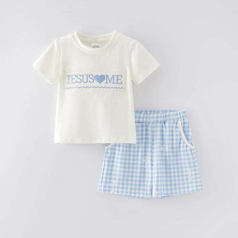 Jesus Loves Me Boys Blue Gingham Short Set
