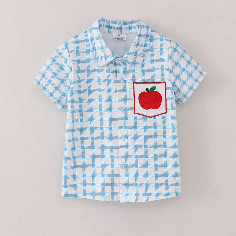 Back To School Boys Blue White Plaid Apple Button Up