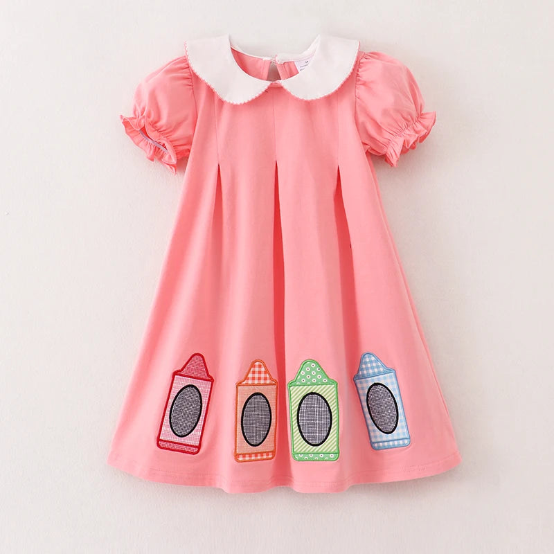Back To School Coral Crayon Embroidery Cotton Dress
