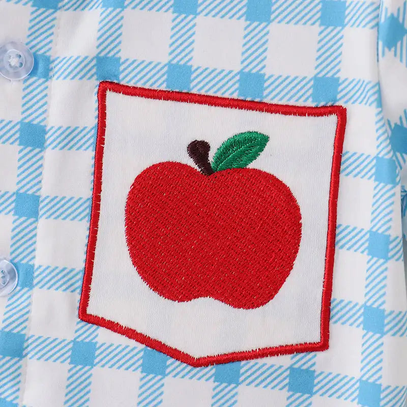 Back To School Boys Blue White Plaid Apple Button Up