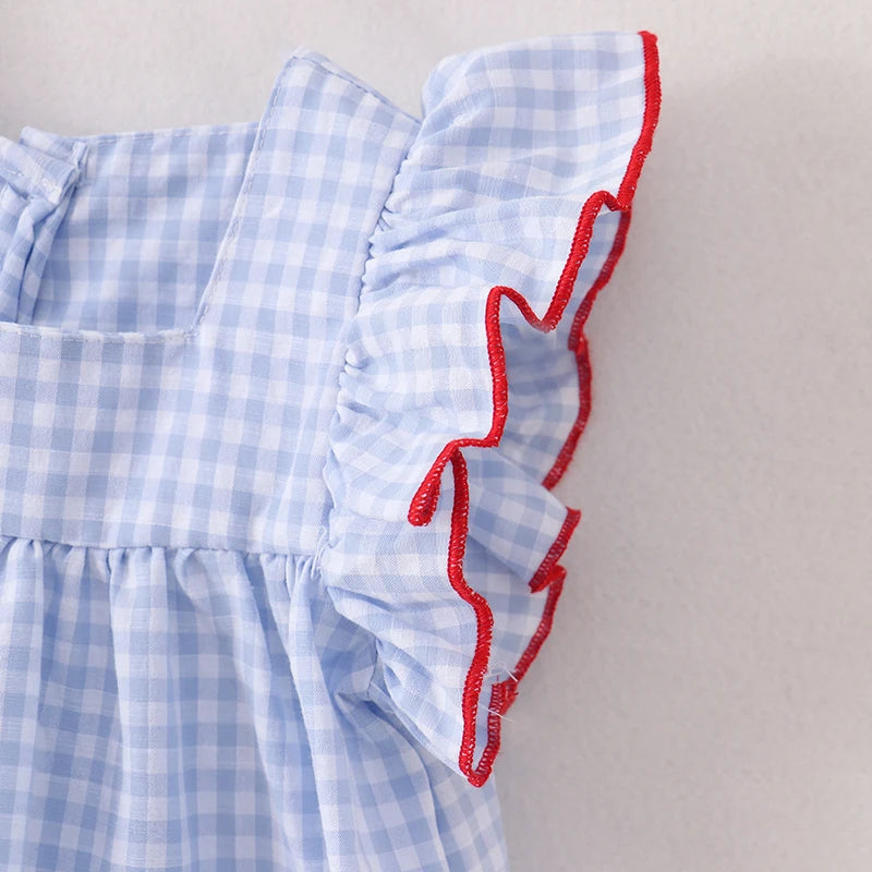 Back to School Girls Blue Gingham Crayon Embroidery Pocket Dress