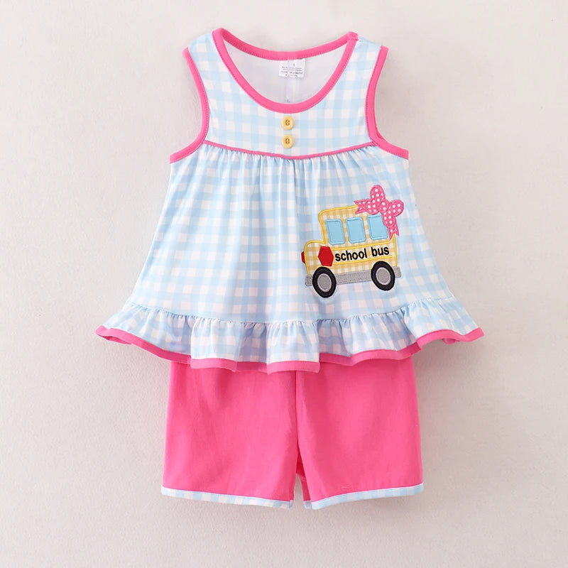 Back To School BusApplique Plaid Short Set