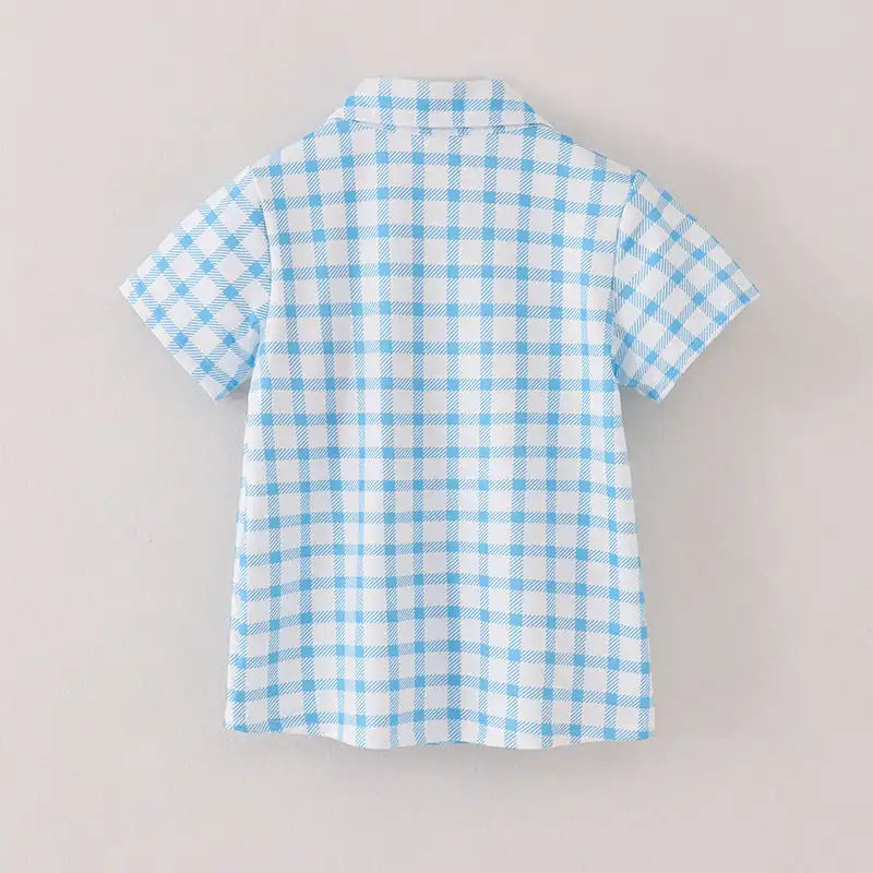 Back To School Boys Blue White Plaid Apple Button Up