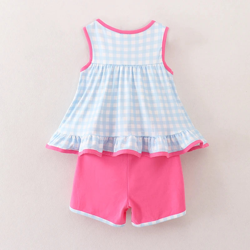 Back To School BusApplique Plaid Short Set