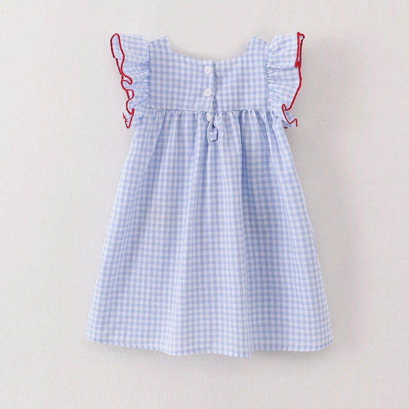 Back to School Girls Blue Gingham Crayon Embroidery Pocket Dress