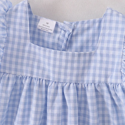 Back to School Girls Blue Gingham Crayon Embroidery Pocket  Dress