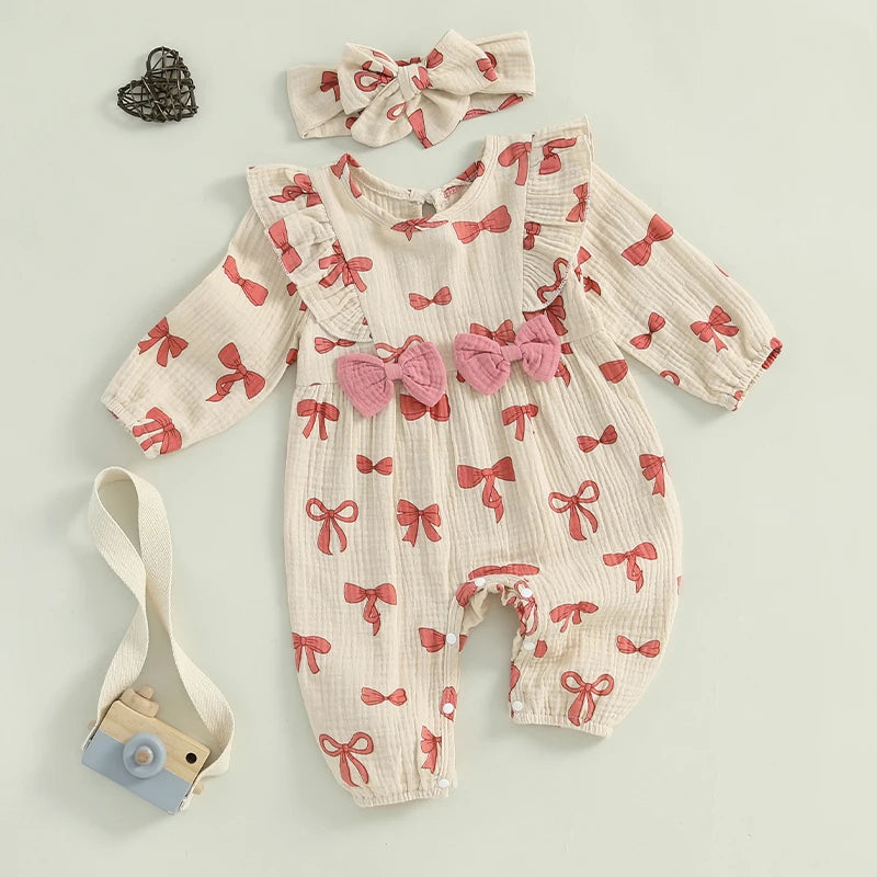 Bowknot Print Long Sleeve Cotton Linen Jumpsuit