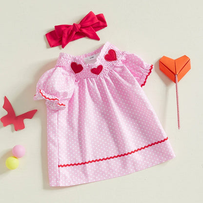 Valentines Day Smocked Hearts Short Sleeve Dresses + Headband