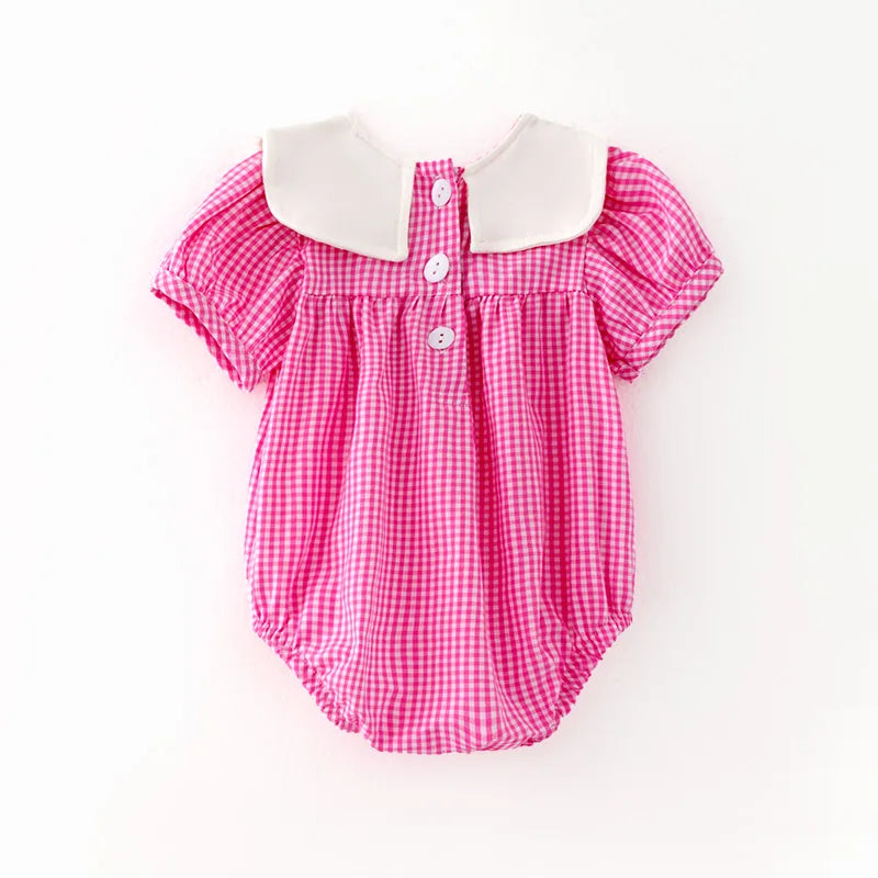 Pink Gingham Baby Romper with Pink Bunnies
