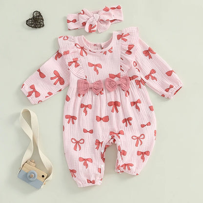 Bowknot Print Long Sleeve Cotton Linen Jumpsuit