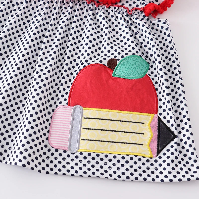 Back To School Polka Dot Apple Embroidery Shorts Set