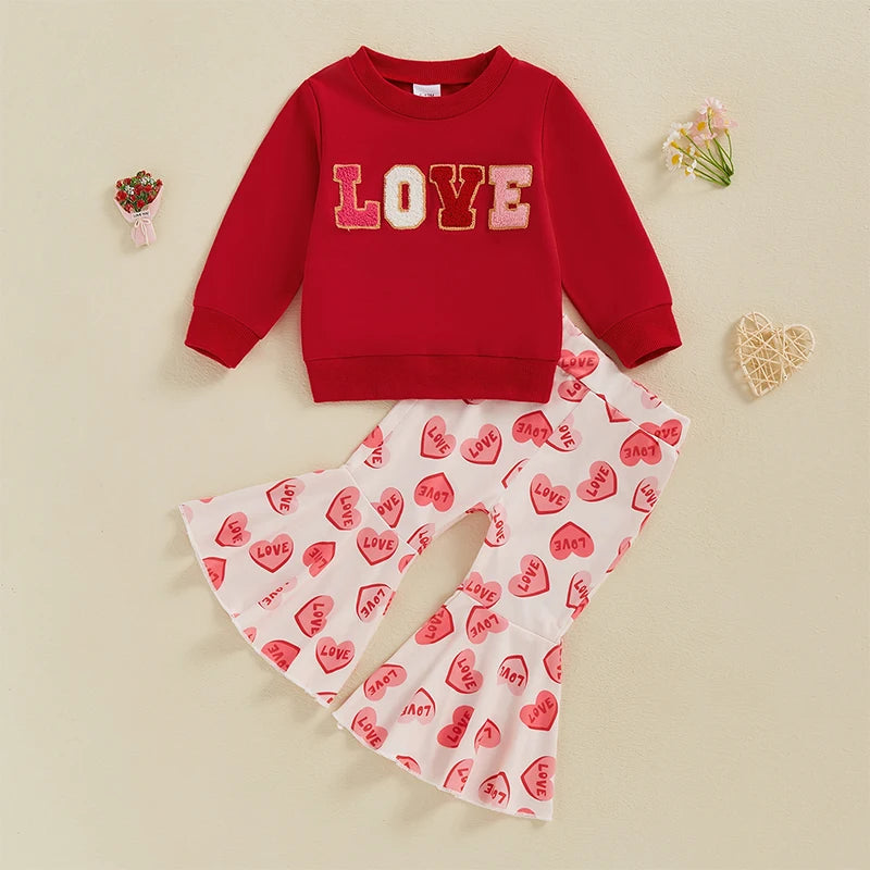 Love Embroidery Crewneck Sweatshirt Flare Pants Set