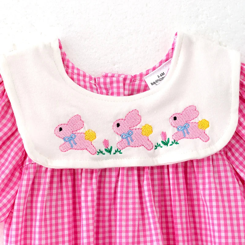 Pink Gingham Baby Romper with Pink Bunnies