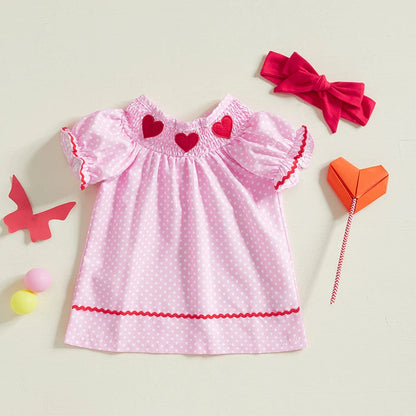 Valentines Day Smocked Hearts Short Sleeve Dresses + Headband