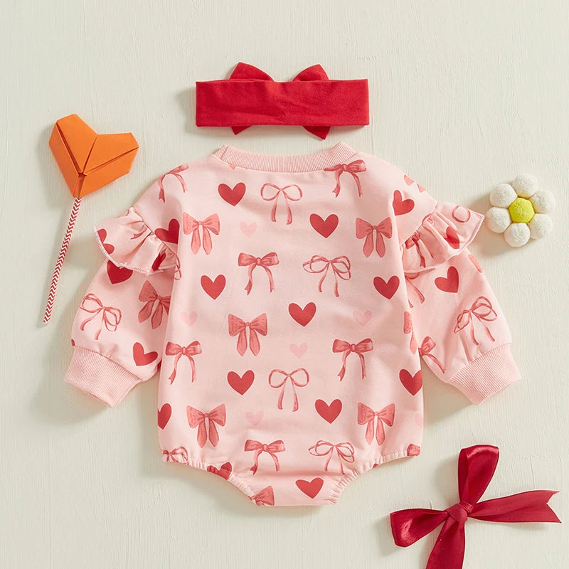 Long Sleeve Crewneck Bow Heart Sweatshirt Romper with Headband