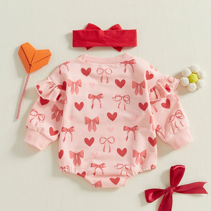 Long Sleeve Crewneck Bow Heart Sweatshirt Romper with Headband