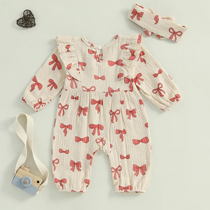 Bowknot Print Long Sleeve Cotton Linen Jumpsuit