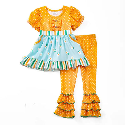 Mustard Polka Dots Blue Floral Pants Set