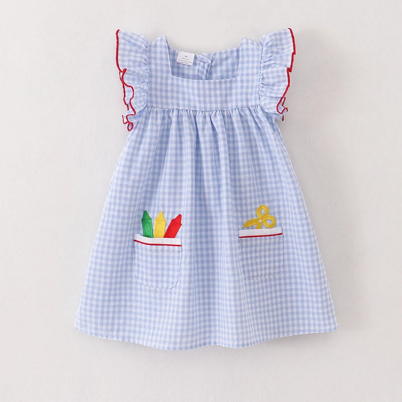 Back to School Girls Blue Gingham Crayon Embroidery Pocket  Dress