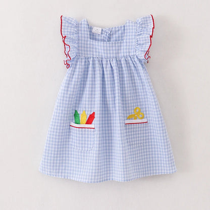 Back to School Girls Blue Gingham Crayon Embroidery Pocket  Dress
