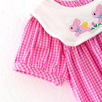 Pink Gingham Baby Romper with Pink Bunnies