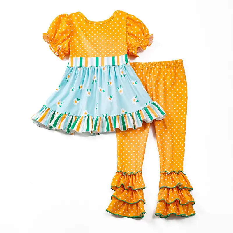 Mustard Polka Dots Blue Floral Pants Set