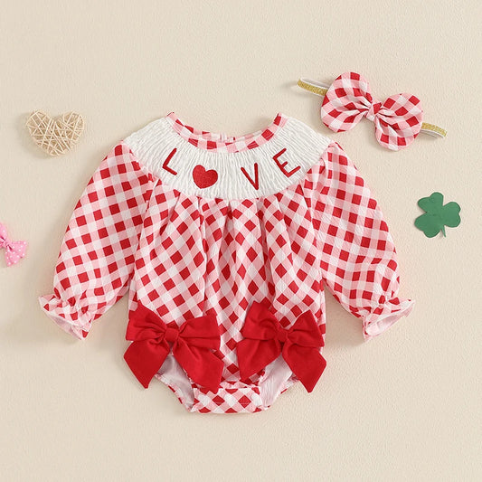 Baby Girl Valentines Outfit Smocked Bubble Romper + Headband