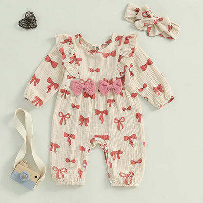 Bowknot Print Long Sleeve Cotton Linen Jumpsuit