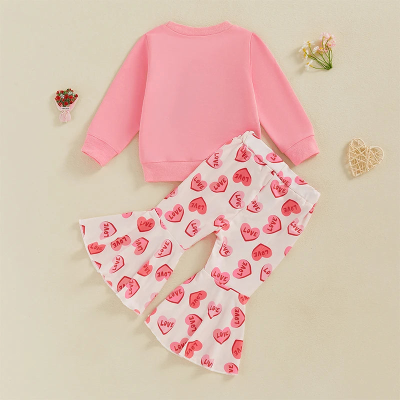 Love Embroidery Crewneck Sweatshirt Flare Pants Set