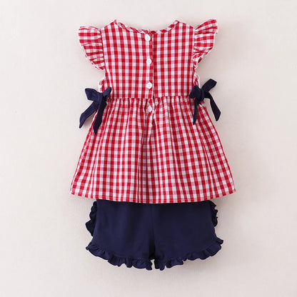 Back To School Woven Plaid ABC Embroidery Short Set