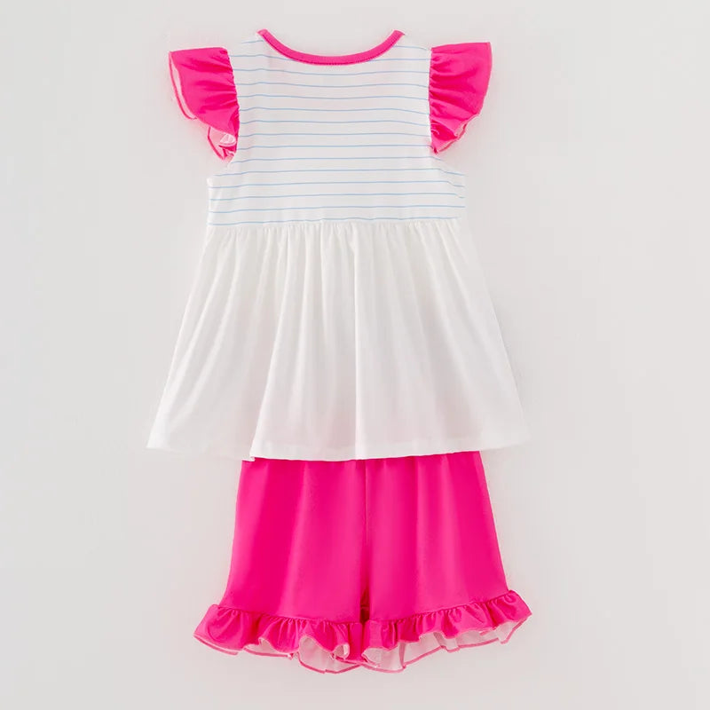 Back To School Pink Crayon Print O-neck Short Set