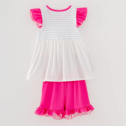 Back To School Pink Crayon Print O-neck Short Set