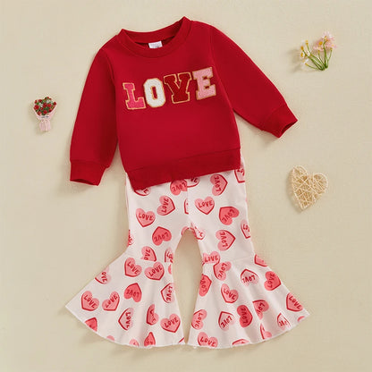 Love Embroidery Crewneck Sweatshirt Flare Pants Set