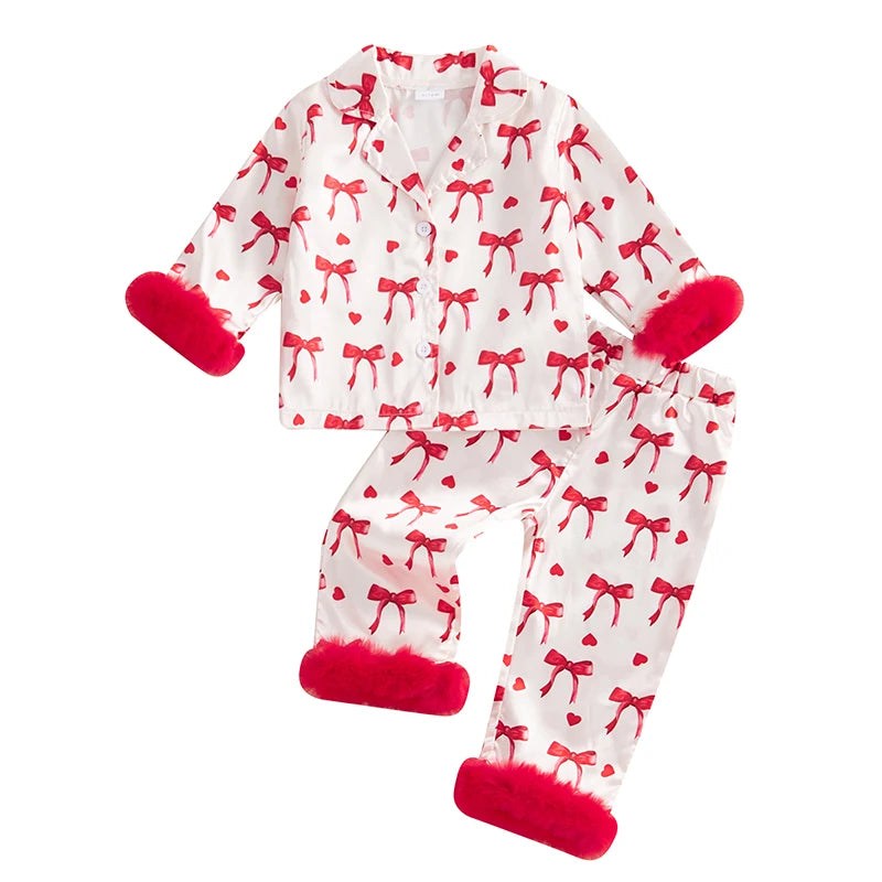 Toddler Girl Silk Button Down bow pjs with fur trim