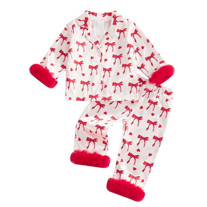 Toddler Girl Silk Button Down bow pjs with fur trim