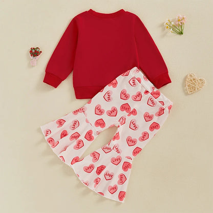 Love Embroidery Crewneck Sweatshirt Flare Pants Set