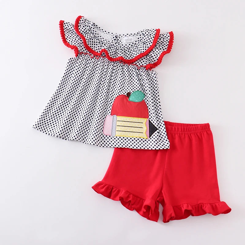 Back To School Polka Dot Apple Embroidery Shorts Set
