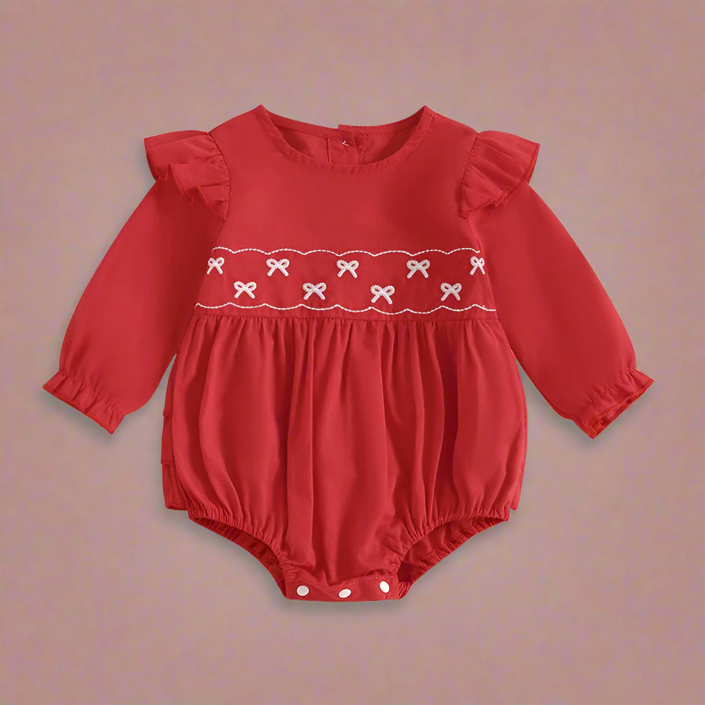 Baby Girl Bubble Romper Long Sleeve with Bow Embroidery