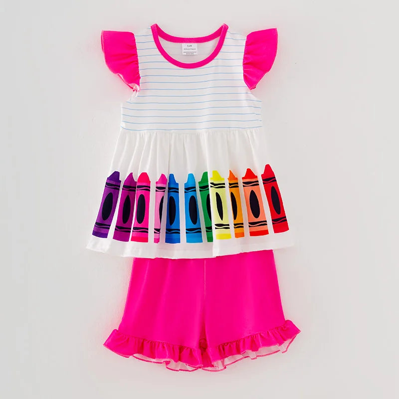 Back To School Pink Crayon Print O-neck Short Set