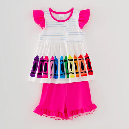 Back To School Pink Crayon Print O-neck Short Set