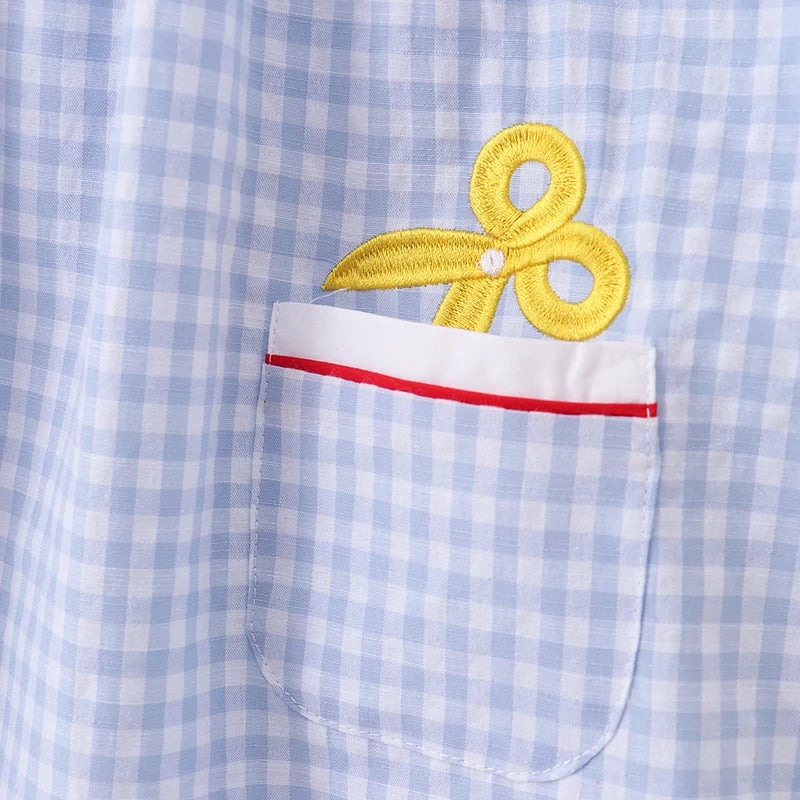 Back to School Girls Blue Gingham Crayon Embroidery Pocket  Dress