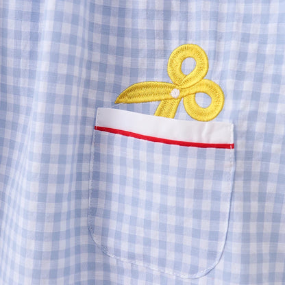 Back to School Girls Blue Gingham Crayon Embroidery Pocket  Dress