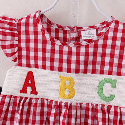Back To School Woven Plaid ABC Embroidery Short Set