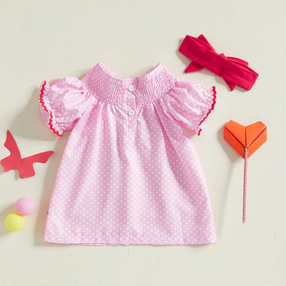 Valentines Day Smocked Hearts Short Sleeve Dresses + Headband