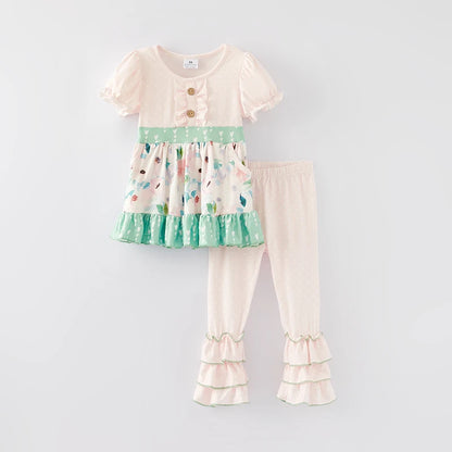 Floral Print Ruffled O-Neck Outfit Set